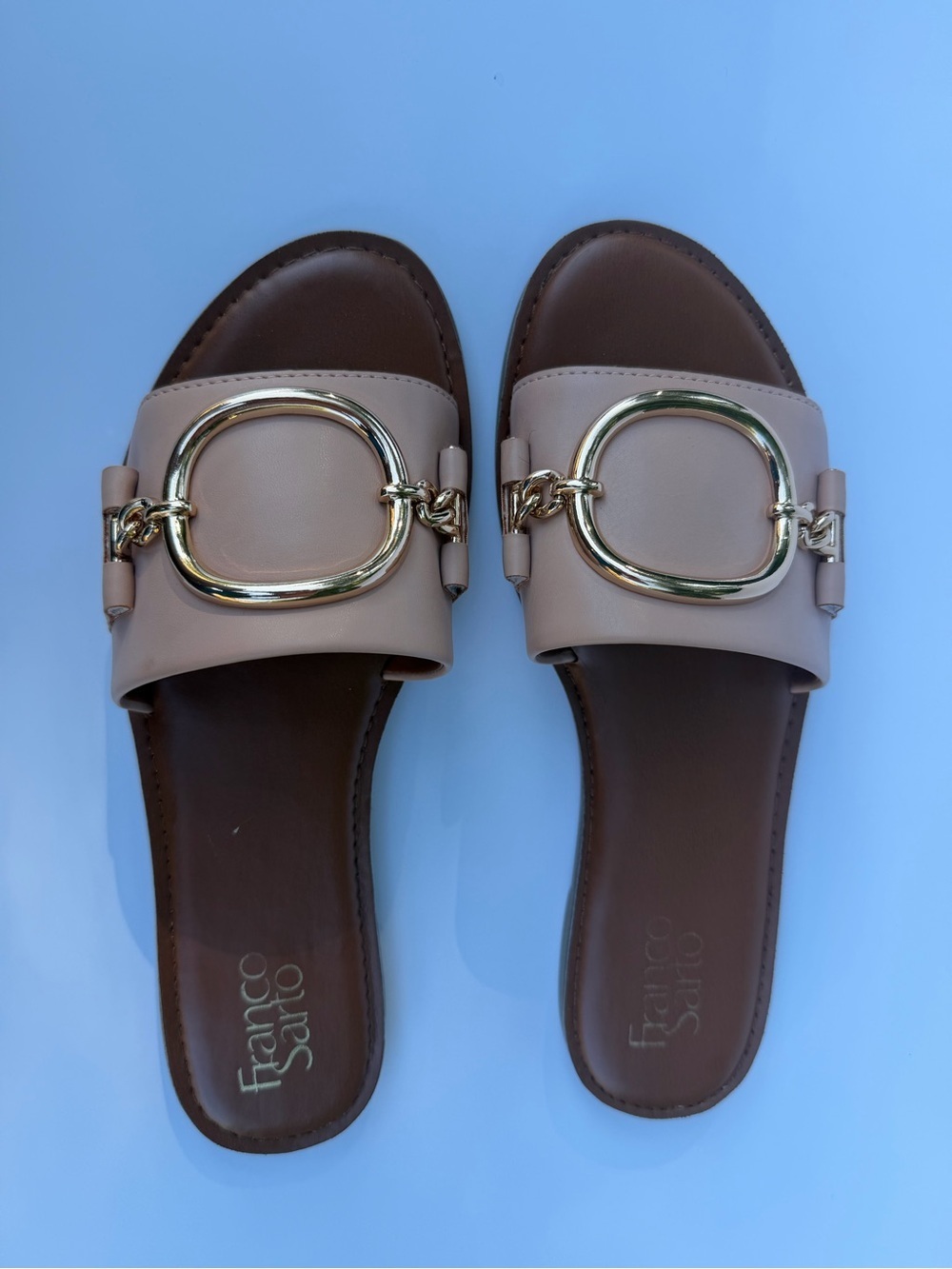 Franco Sarto Brianka slide sandals feature distinct gold ring buckle accent NWT